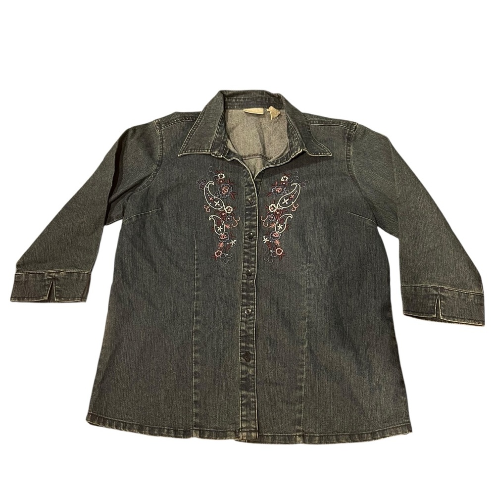 Erika Womens PS Petite Small Blue Denim Embroidered Button Floral 3/4 Sleeve 90s